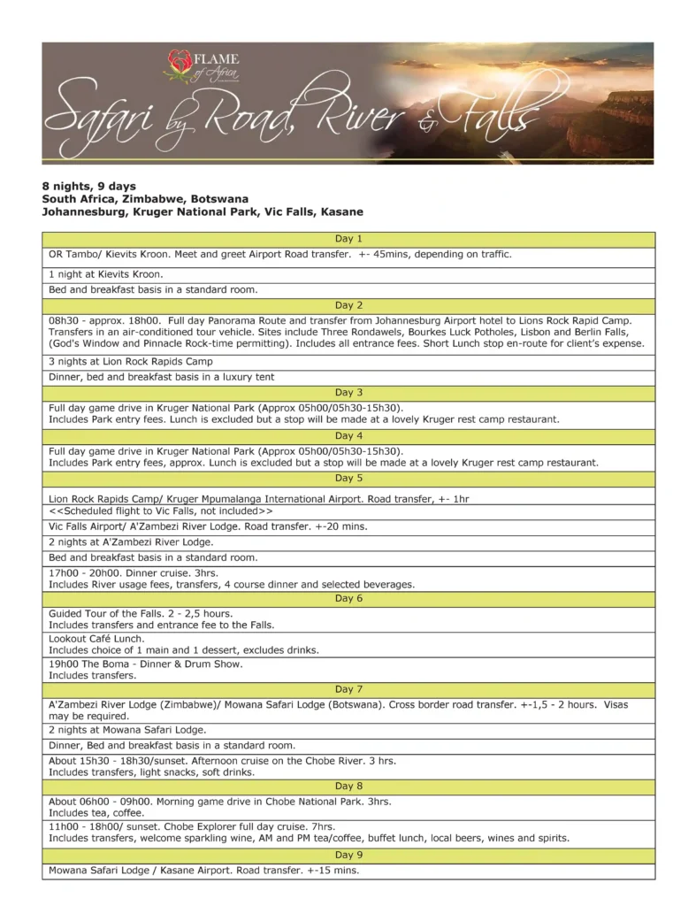 Flame of Africa | Safari by Road, River & Falls - Jhb, Kruger, Falls & Chobe